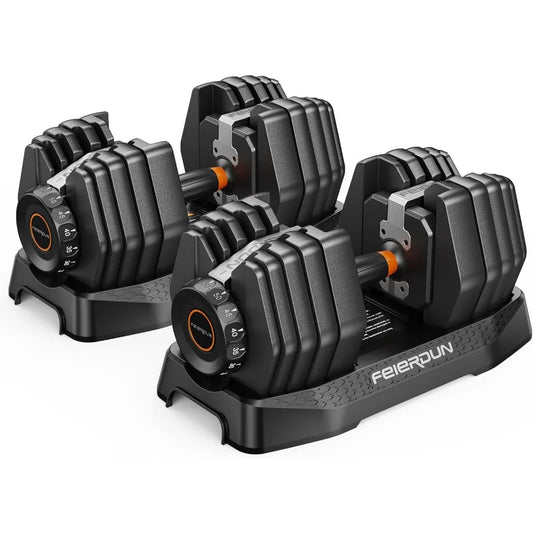 Feierdun 15-in-1 Adjustable Dumbbells, 5 to 52.5 Pounds, with Quick-Change Weight System, Non-Slip Grips, and Traction Handles