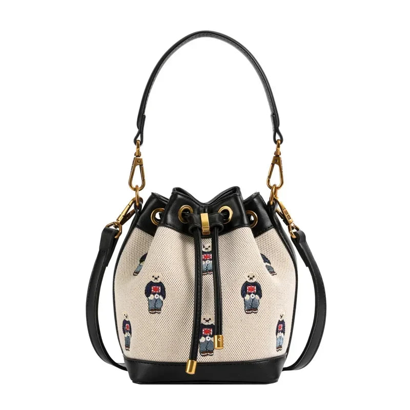 Women's Small Bucket Bag | Collision-color Design, Bear Embroidery Accents, Premium Faux Leather, Simple Casual Style, Versatile