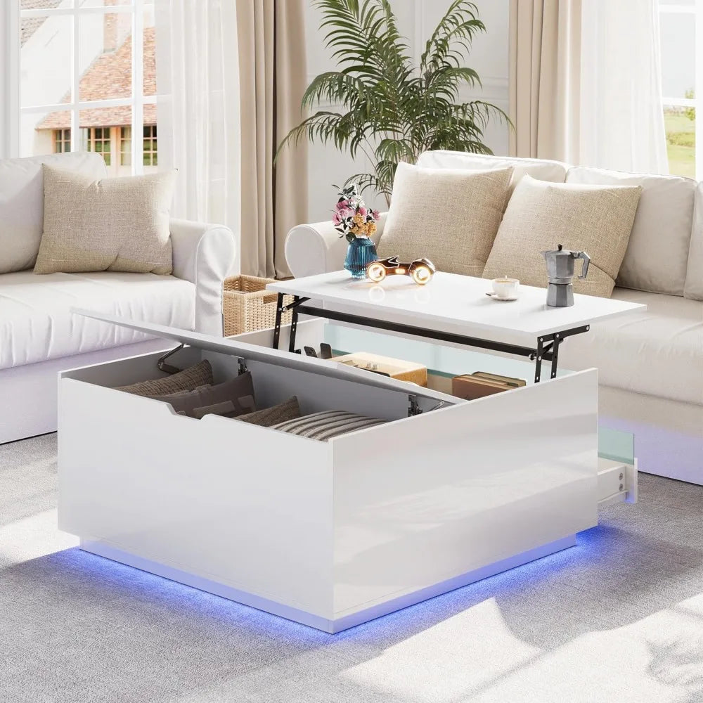 High Gloss Coffee Table with Storage,White Square Lift Top Coffee Tables with LED & Flip Lid, Small Modern Coffee Table for Livi