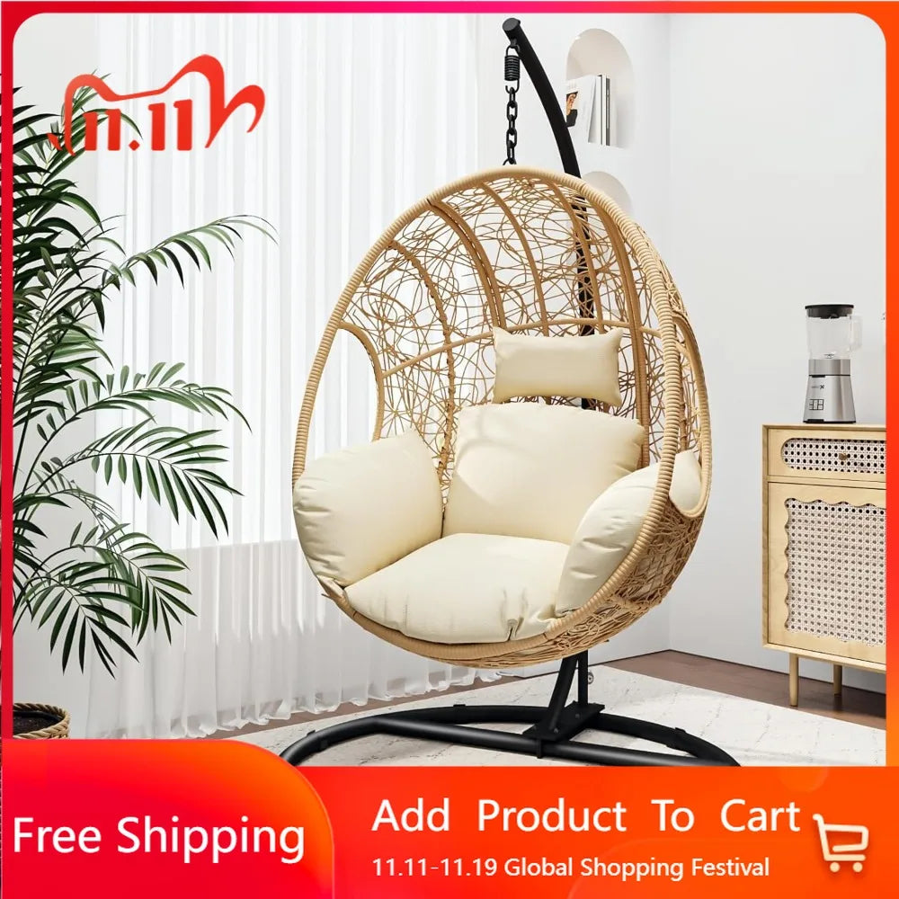 Natural Pe Wicker Swing Egg Chair, Nest-Shaped, Puffy Cushion, Hammock Chair, Modern, for Outdoor & Indoor, Patio, Garden