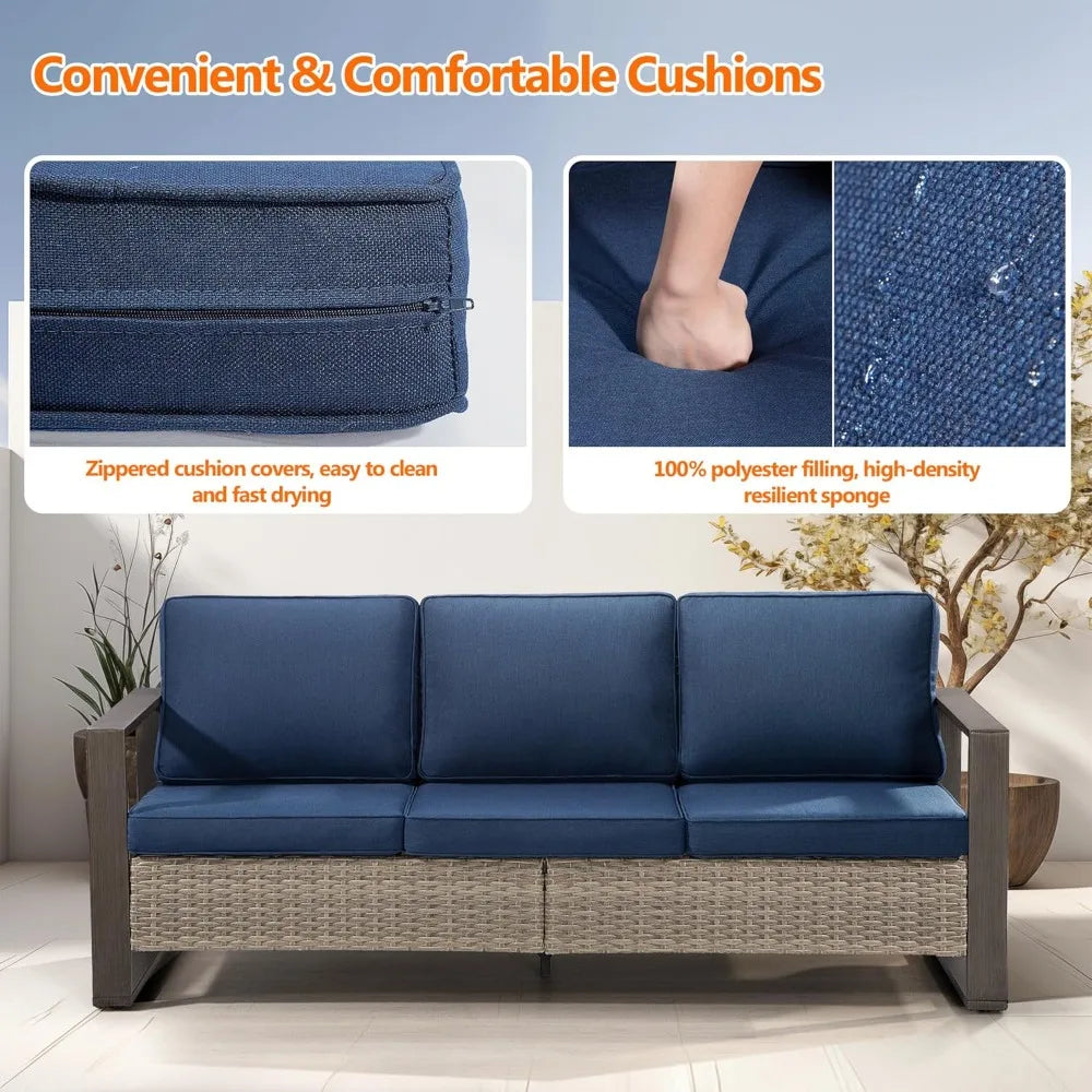 Patio Metal Wicker Sofa, Outdoor Rattan 3-Seat Sofa Couch with Premium Cushions & Rectangular Framed Wood-Looking Metal Armrest