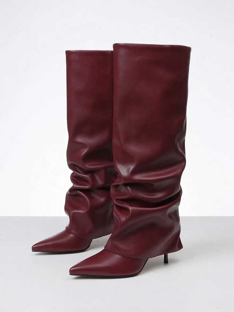 Stylish Women's Slouchy Knee High Boots Stilettos Thin High Heels Ruched Wide Calf Shark Fold Over Boots Women Dress Shoes