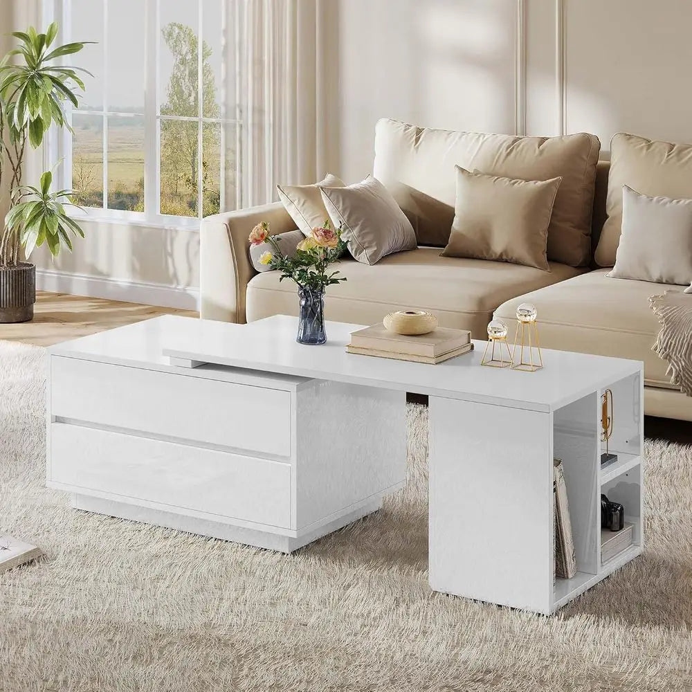 Modern Rectangular LED Coffee Table with Storage, 4 Drawers, Extendable 35-61 for Living Room, White