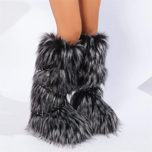 Winter Faux Fur Knee High Boots for Women - Comfy Plush Pull-On, Belt-Embellished Round Toe, Must-Have Trendy Pick for Party