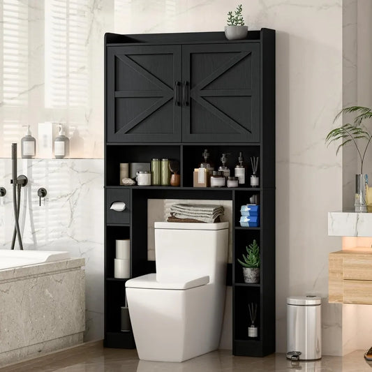 Over The Toilet Storage Cabinet, Farmhouse Toilet Cabinet Rack with Barn Doors, Space Saving Bathroom Organizer with Shelves, To