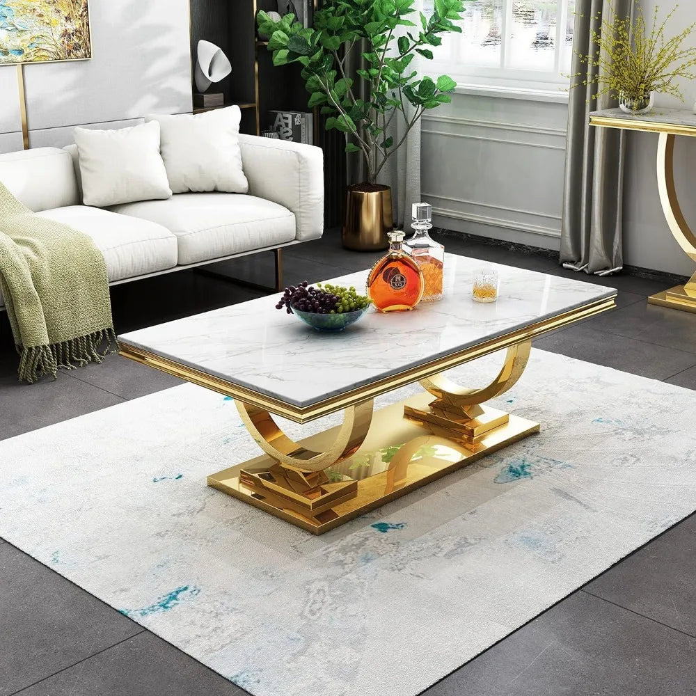 Luxury Marble Coffee Table with Gold Stainless Steel Pedestal Modern 47" Rectangle Coffee Table Elegant White Marble Center Tab