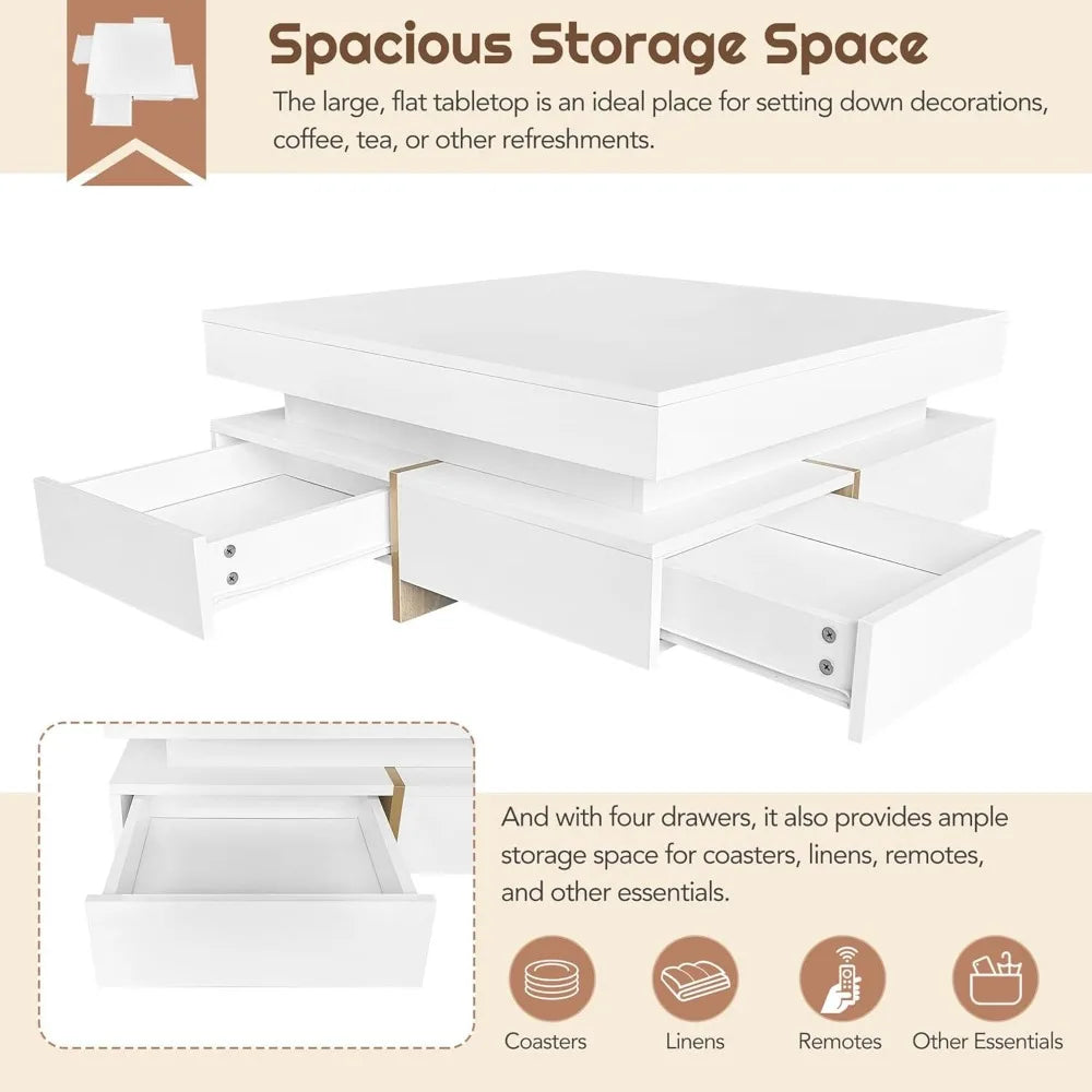 Coffee Table, Modern High Gloss Coffee Table with 4 Drawers, Multi-Storage Square Center Cocktail Table with Wood Grain Legs fo