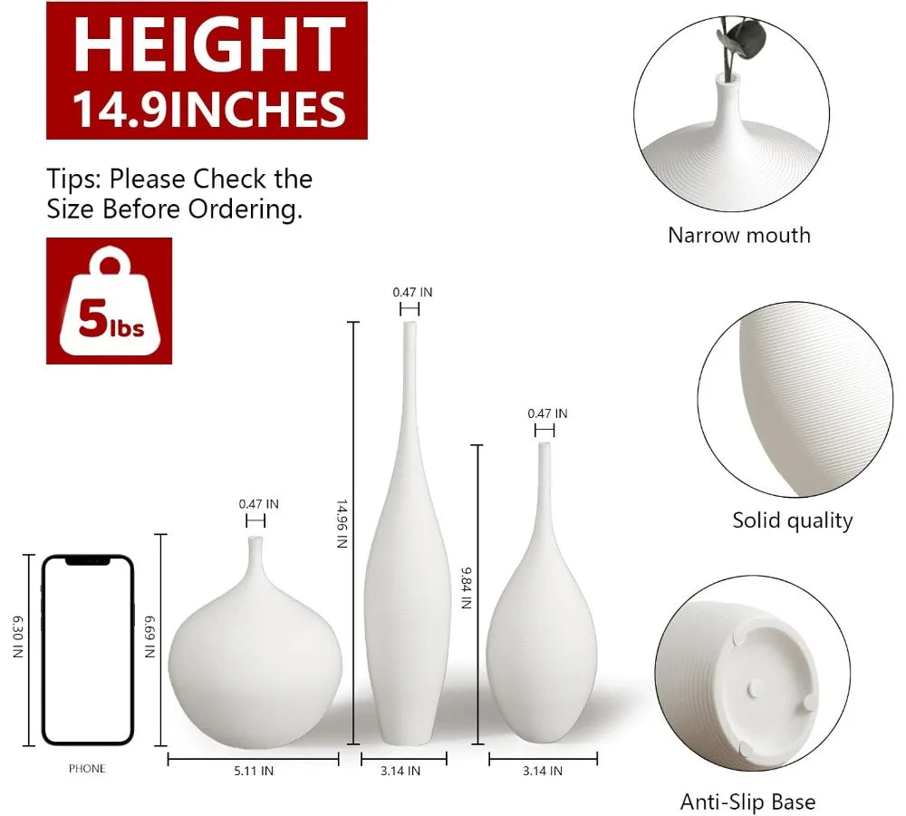 White Ceramic Vase Set of 3 Modern Boho Minimalist Home Decor Flower Vases for Living Room Table