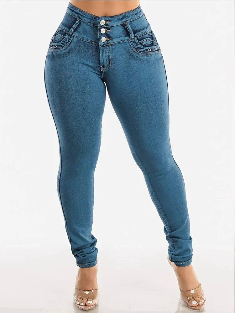 Washed medium blue front row button pocket discount elastic slim tight hip lifting small feet for women fashionable casual jeans