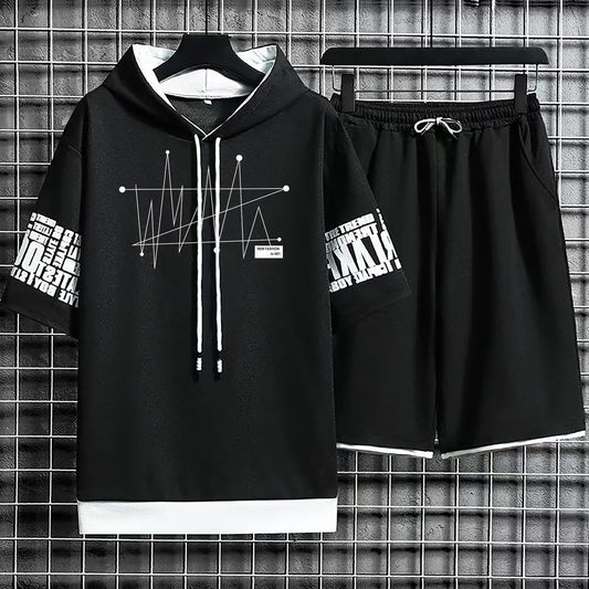 Clothing for Men Summer Suits Casual New T Shirt Hoodies Set Shorts Pullover Hat T-shirt Hood Print Hoodie Men Top Short Sleeve