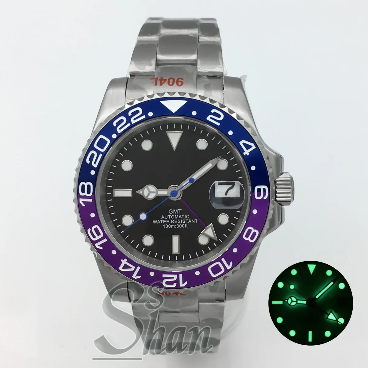 Customized logo luxury 40mm NH34 GMT mechanical watch ceramic bezel sapphire glass green luminous dial water-resistant to 10ATM
