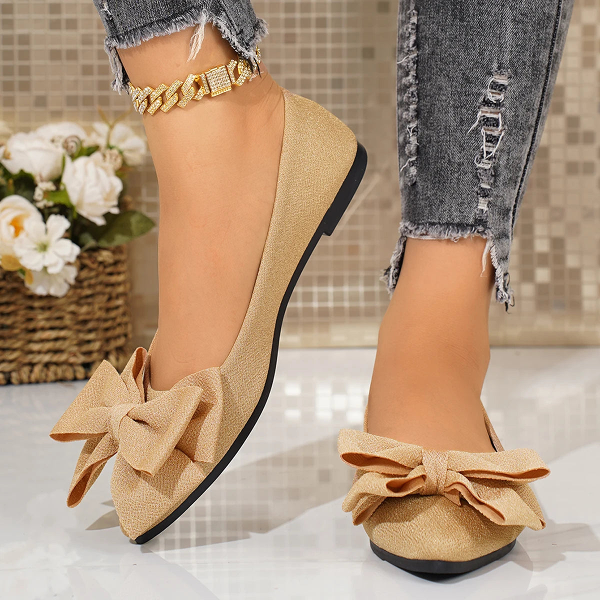 Women Flats Bowtie Pointed Toe Shoes Female Walking Dress Shoes Spring Fashion Casual Footwear Shallow Zapatillas Mujer