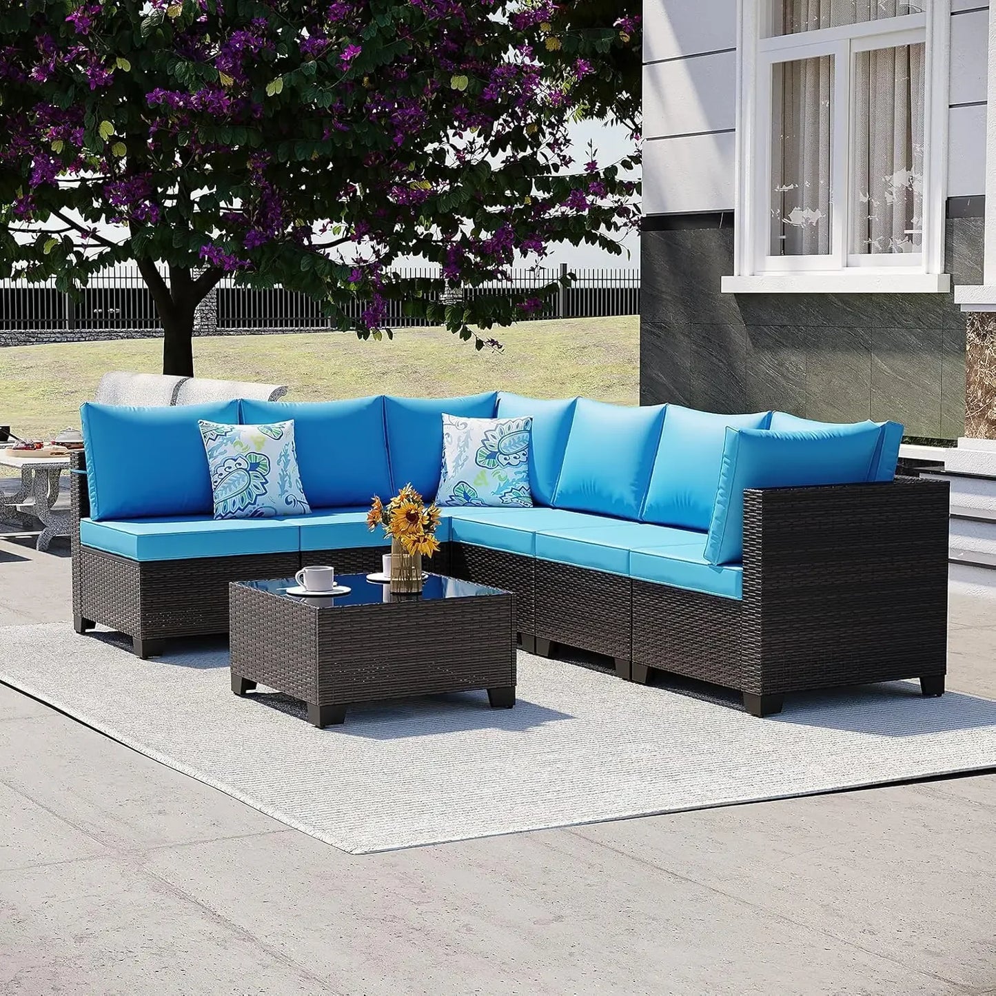 7-Piece Outdoor Conversation Set Rattan Sofa Patio Furniture with Wicker And Cushions for Garden Backyard