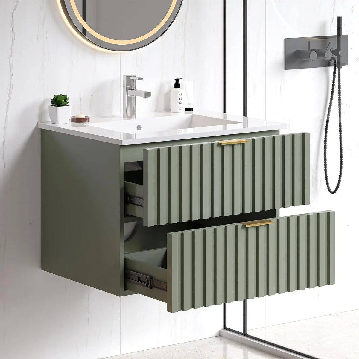 24 Inch Bathroom Vanity with Sink Combo, Floating Bathroom Vanity with 2 Fluted Drawers & Metal Handle,Modern Wall Mount Storage