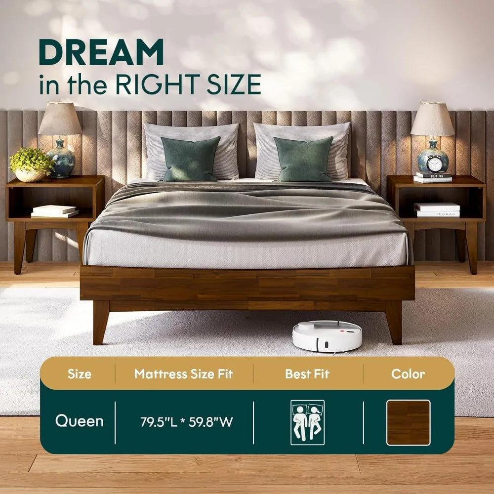 Acacia Wood Modern Low Profile Bed Frame, Queen Size, Without Headboard