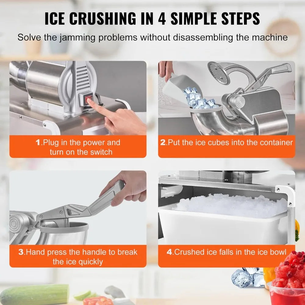 Ice Crushers Machine, 661lbs Per Hour Electric Snow Cone Maker with 4 Blades, Stainless Steel Shaved Ice Machine with Cove