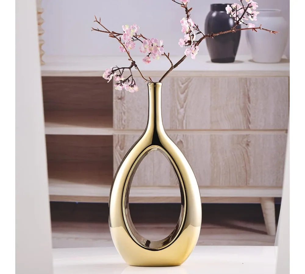 Glossy Gold Ceramic Vase Set Modern Hollow Ellipse Home Decor Centerpiece Farmhouse Rustic