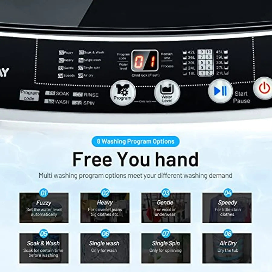 Compact Portable Washing Machine with 11Lbs Capacity FullAutomatic Operation 8 Wash Programs LED Display 10 Water Level Setting