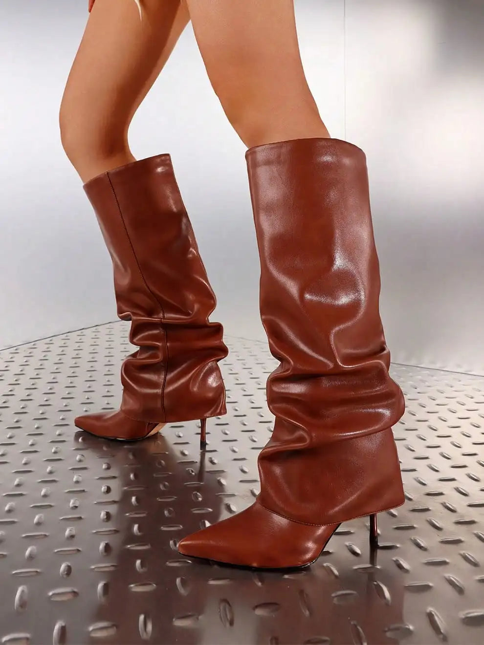Stylish Women's Slouchy Knee High Boots Stilettos Thin High Heels Ruched Wide Calf Shark Fold Over Boots Women Dress Shoes