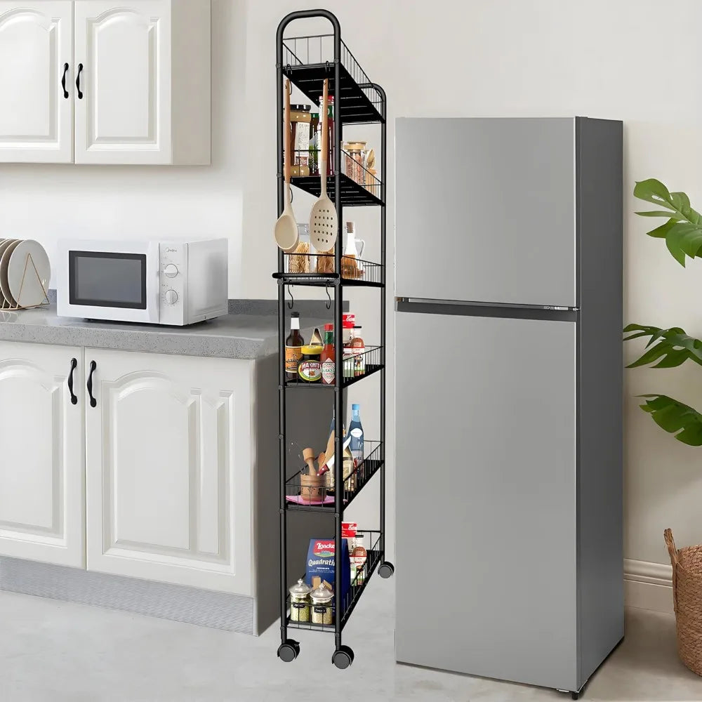 6-Tier Slim Rolling Cart with Handle – Wire Rack w/ Baskets for Kitchen Bathroom Laundry Office, Narrow