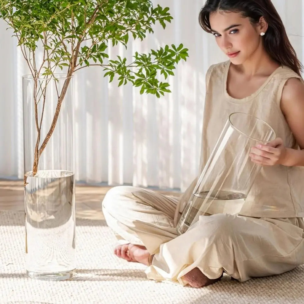 Clear Acrylic Cylinder Vase, Large Floor Standing, Wide Mouth, Unbreakable, 20 Tall, Set of 3, Hurricane Flower Vases for Home D