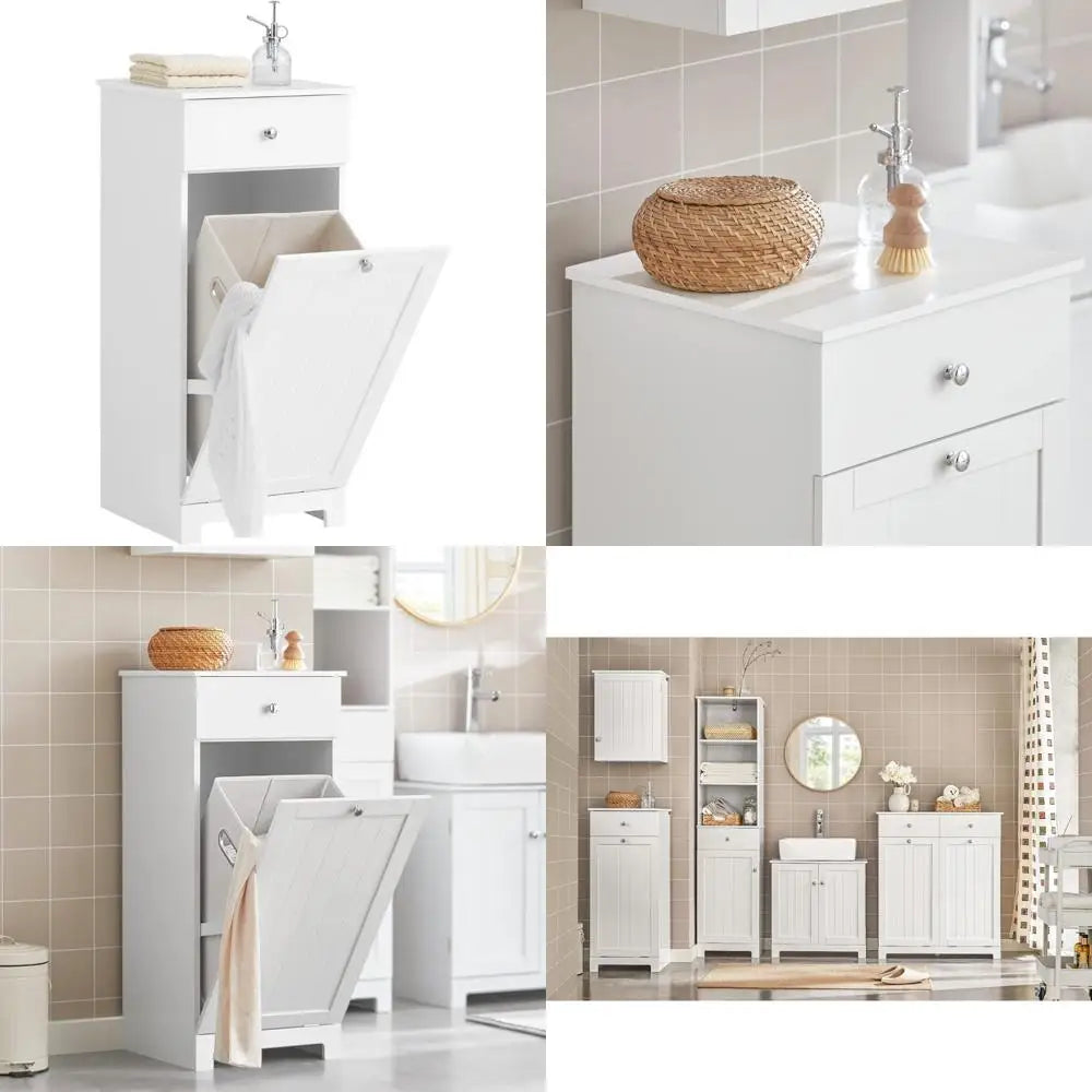 Narrow Space-Saving Tilt-Out Laundry Hamper Cabinet with Pull-Out Bathroom Storage, Shelf & Drawer for Compact Living