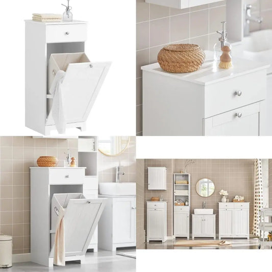 Narrow Space-Saving Tilt-Out Laundry Hamper Cabinet with Pull-Out Bathroom Storage, Shelf & Drawer for Compact Living