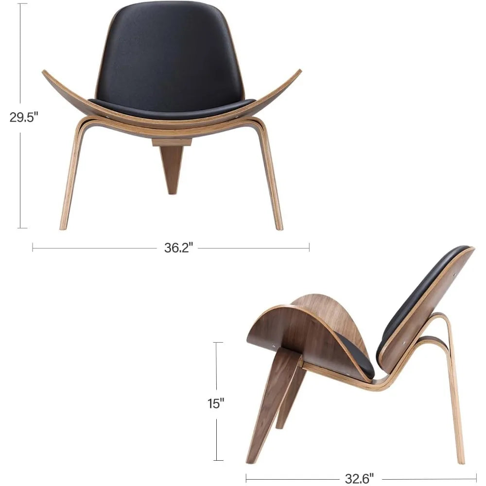 Mid Century Modern Shell Lounge Chair, PU Leather, Tripod Plywood Classic Design Solid Wood Accent Chairs for Living Room