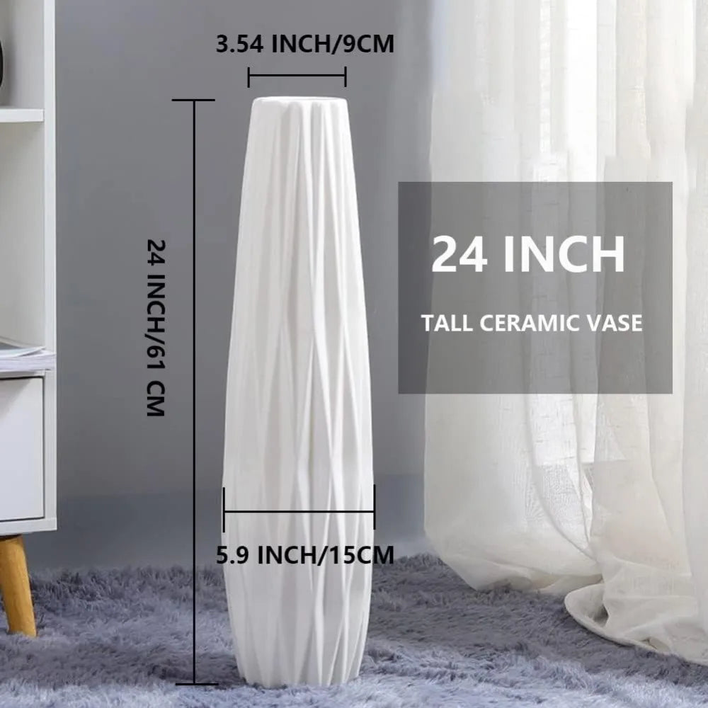Large White Ceramic Tall Floor Vase - 24 Inch Modern Decorative Vase for Home, Living Room, Office, Bedroom, Kitchen