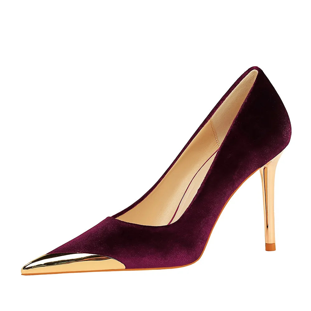 Women's Fashion Light Luxury High Heels Metal Pointed Suede Fine Heels Single Shoes