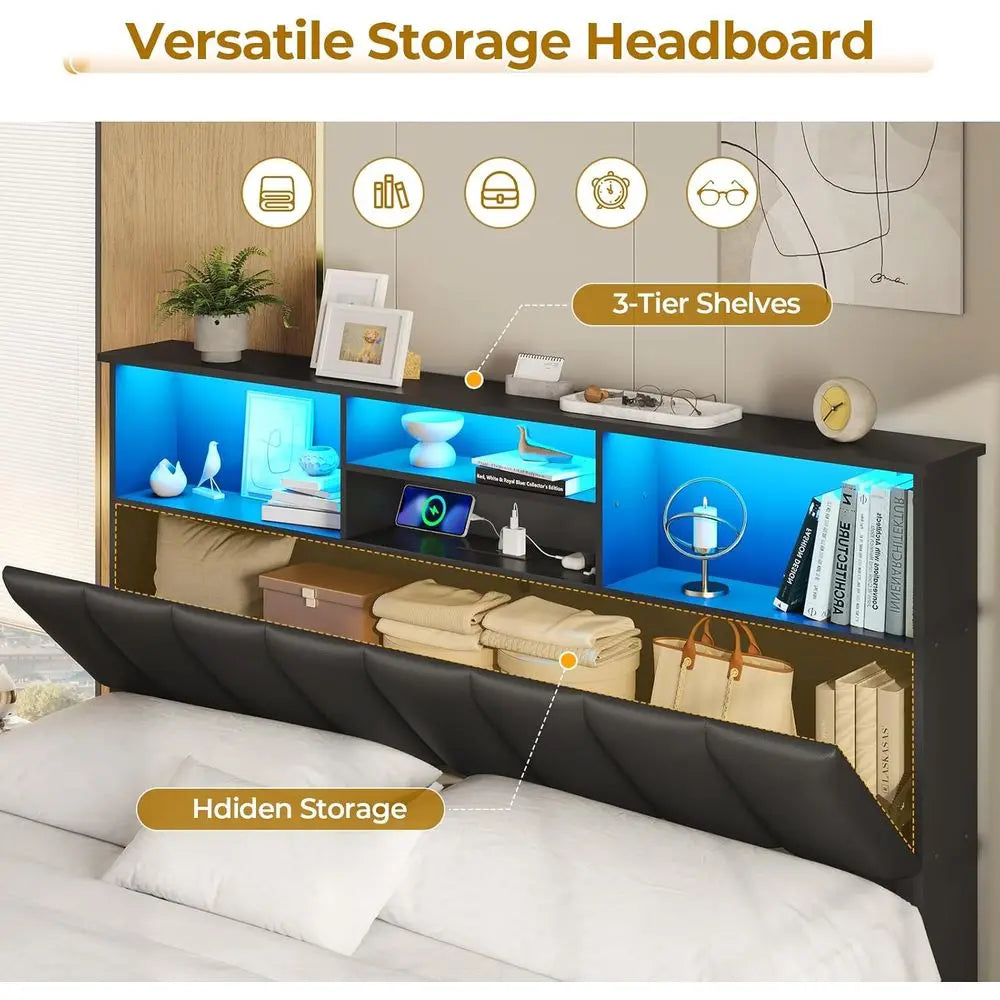 Queen Wooden Bed Frame with Bookcase Headboard, LED Lights, Charging Ports, Storage Drawers, Black