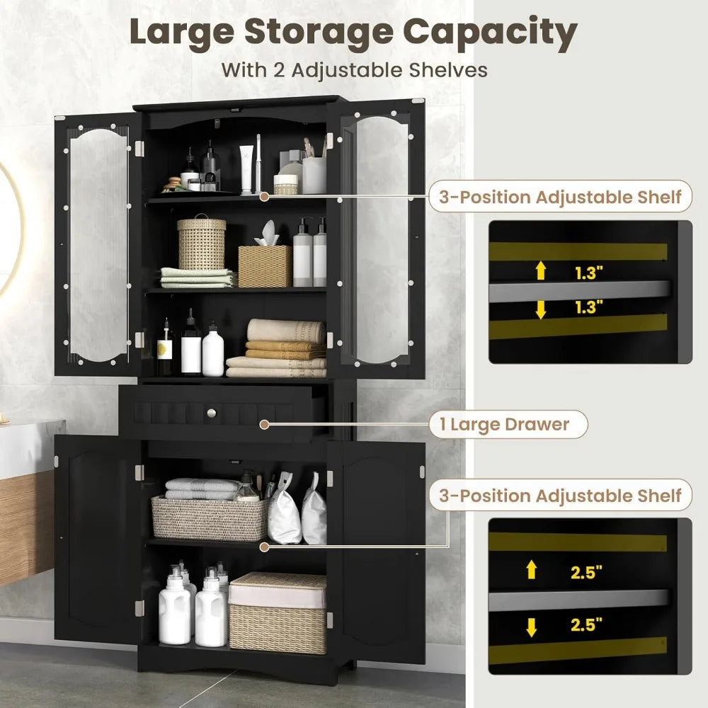 63" Tall Bathroom Storage Cabinet, Freestanding Floor Cabinet with Glass Doors and Shelves, Kitchen Pantry for Living Room, Din