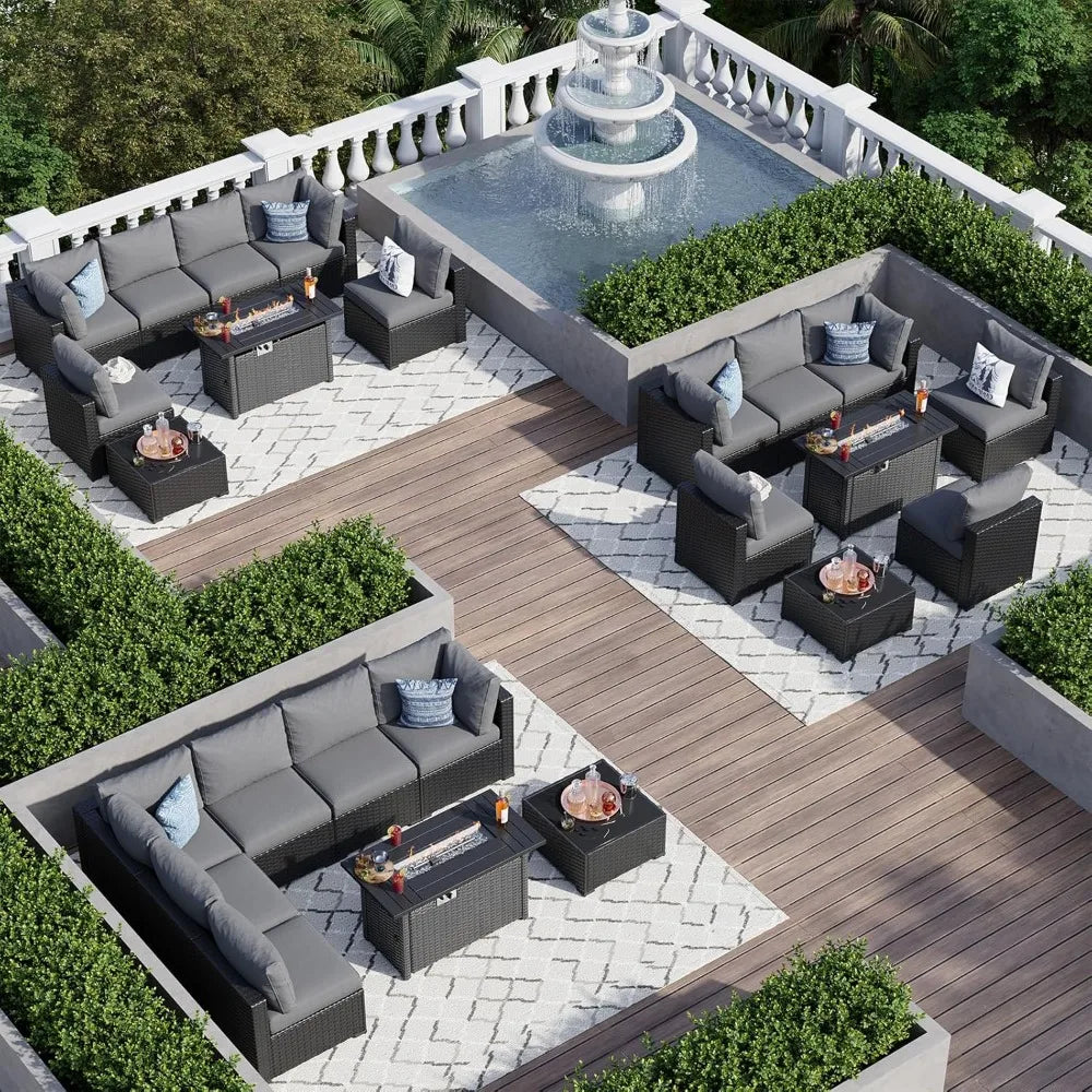 8 Piece Patio Furniture Set with 44” Fire Pit Table Wicker Rattan Patio Sectional Sofa Set Outdoor Seating Furniture with Thick