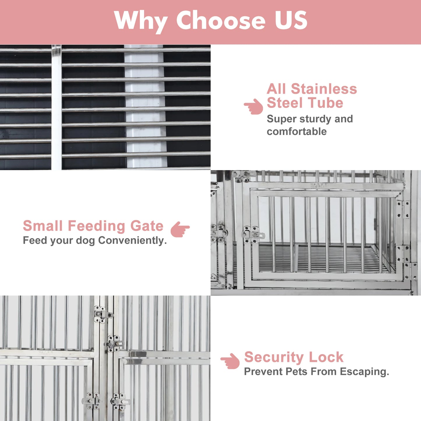 48" Heavy Duty Dog Crate Cage Kennel with Wheels, Full Stainless Steel High Anxiety Indestructible Dog Crate,Sturdy Locks Design