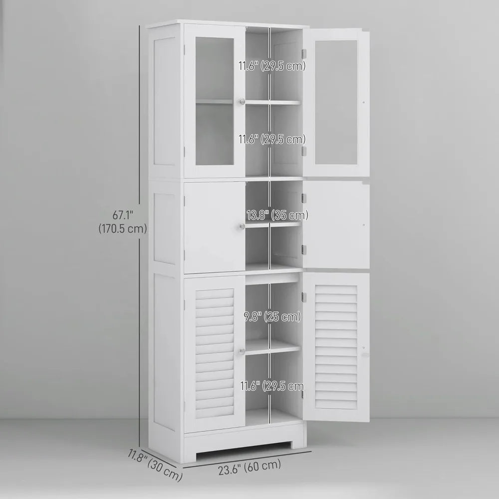 67 Inch Tall Freestanding Bathroom Cabinet with Glass and Louvered Doors for Storage and Adjustable Shelves