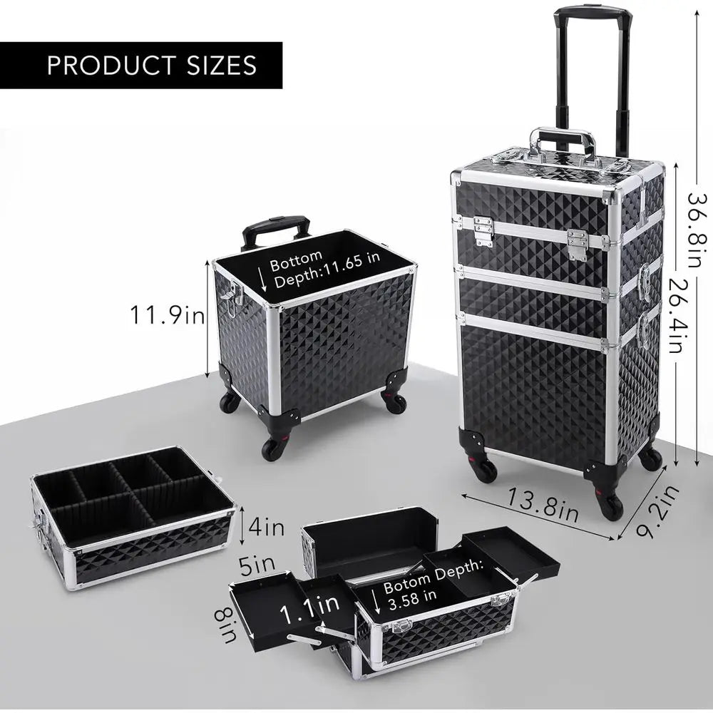 Professional 3-in-1 Rolling Makeup Case with Large Storage, Swivel Wheels, and Locks for Beauty Professionals, Vintage Black