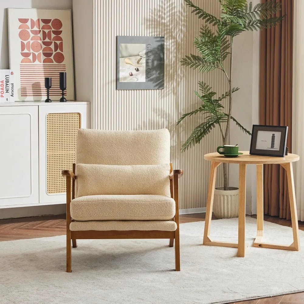 Accent Chair Wide Armrest Mid-Century Lounge Chair Teddy Fleece Armchair with Lumbar Pillow & Solid Wood Frame for Liv