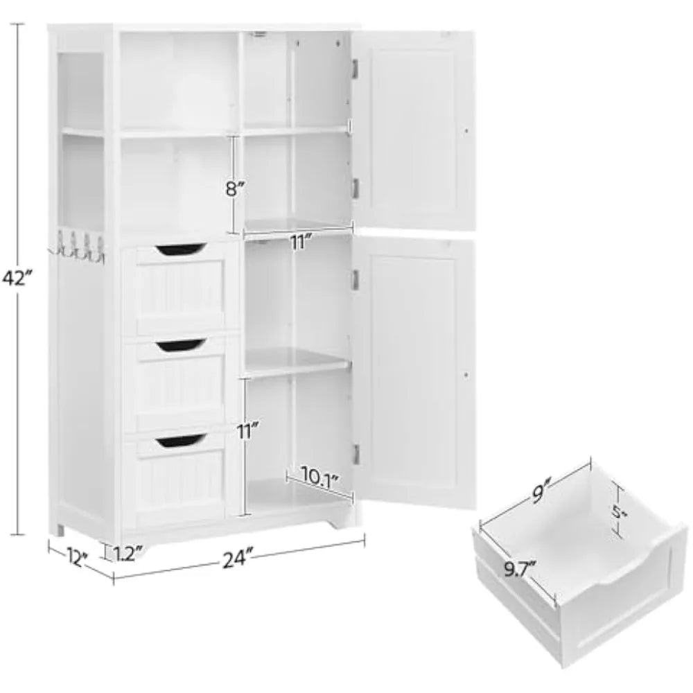 Bathroom Floor Cabinet 42″, Freestanding Storage Cabinet with 3 Drawers, 2 Open Shelves and 2 Doors, Wooden Storage Organizer w