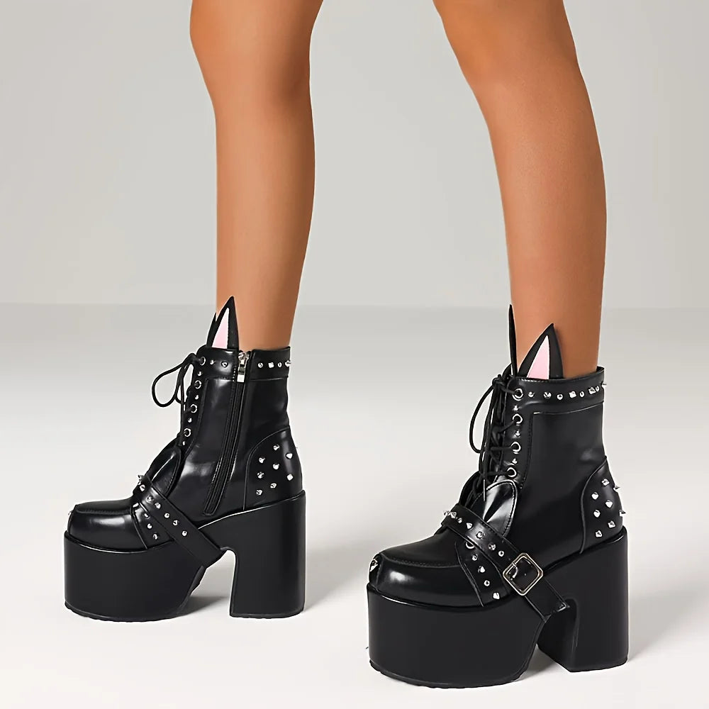Women's Y2K Goth Ankle Boots Fashion Punk Rivet Buckle Platform Chunky High Heels Cute Ear Decoration Street Cosplay Boots Woman