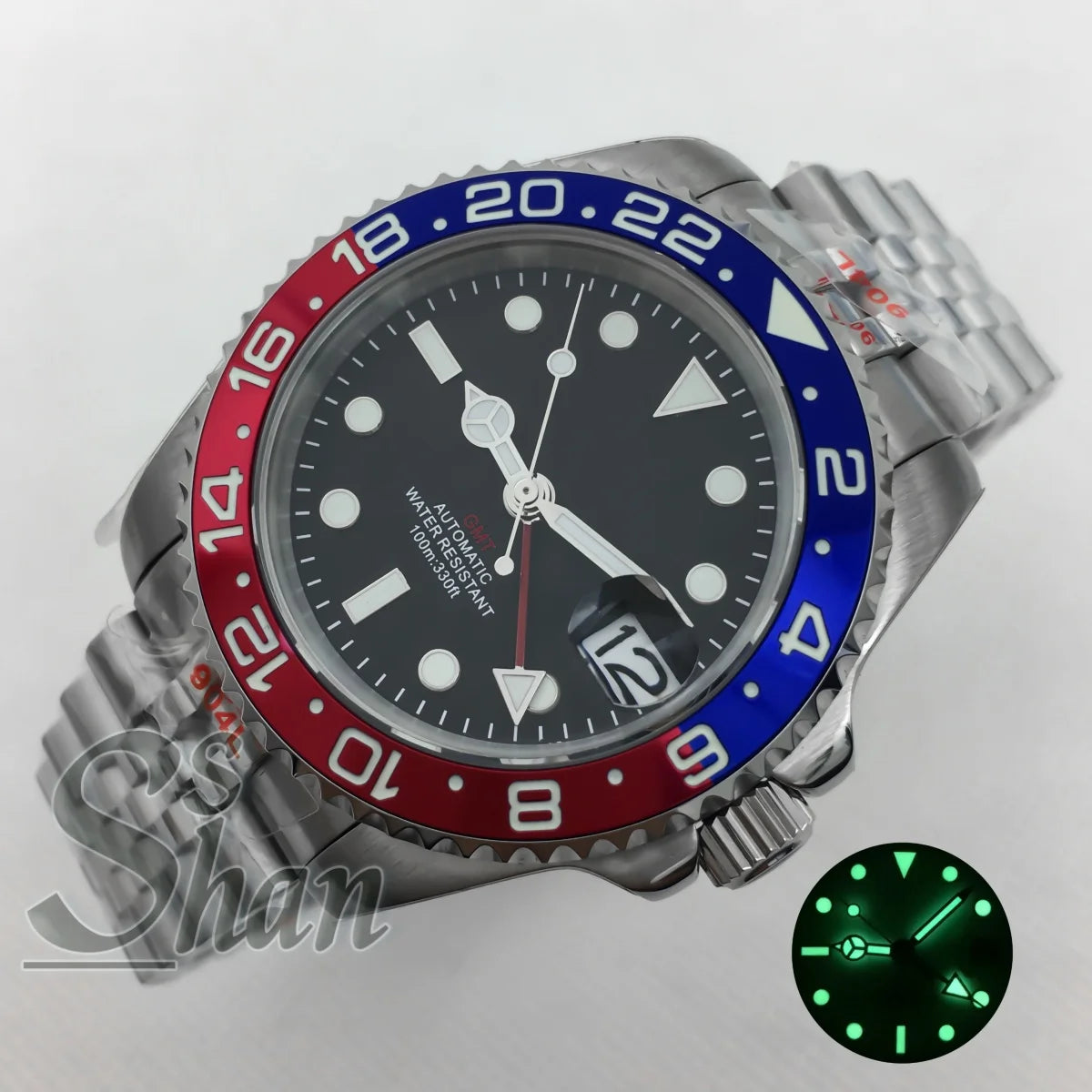 Customized logo luxury 40mm NH34 GMT mechanical watch ceramic bezel sapphire glass green luminous dial water-resistant to 10ATM