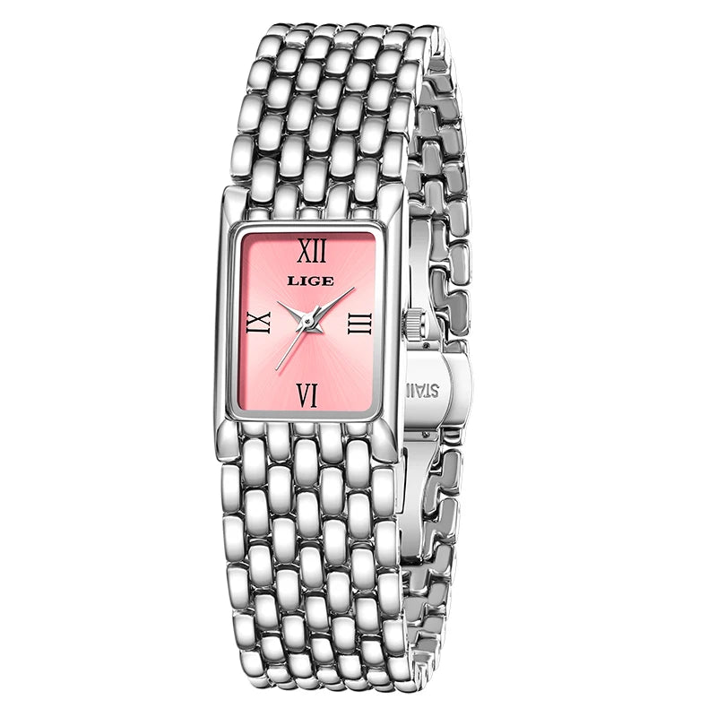 LIGE Light Luxury Retro Rectangle Classic Watches For Women Fashion Stainless Steel Womens Watch Vintage Quartz Wristwatches+Box