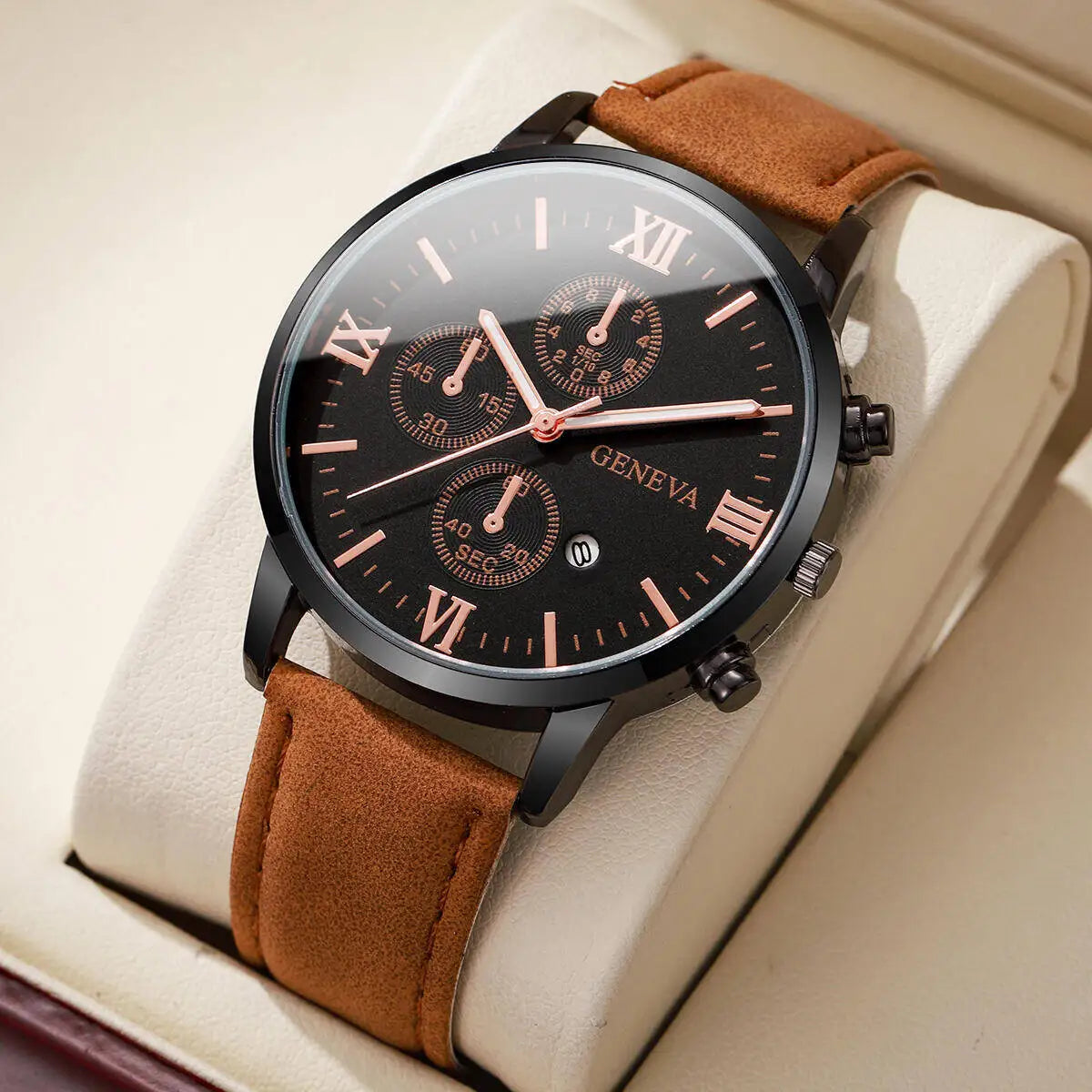 Fashion Roma Dial Men's Watch Casual Leather Strap Men Business Watches Analog Quartz Wristwatches with Calendar（Without Box）