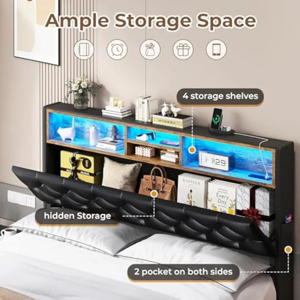 Queen Size Bed Frame with 3-Level Headboard, Storage and Upholstered LED Lighting, 4-Drawer Charging Station Included