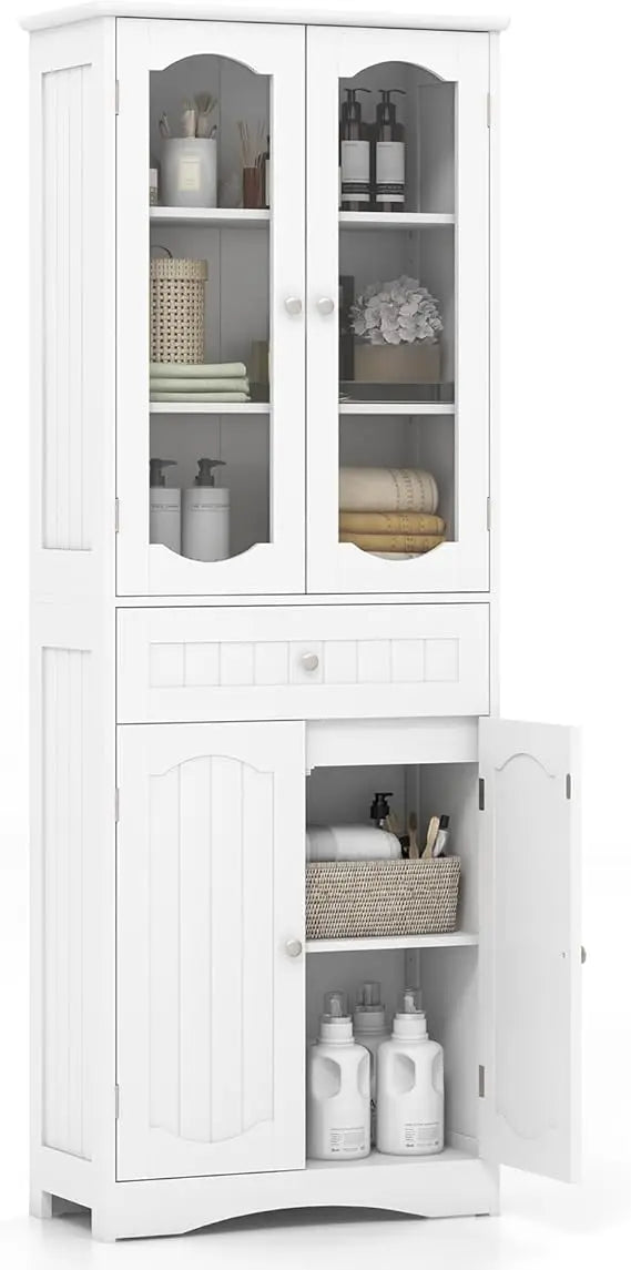 63" Tall Bathroom Storage Cabinet, Freestanding Floor Cabinet with Glass Doors and Shelves, Kitchen Pantry for Living Room, Din