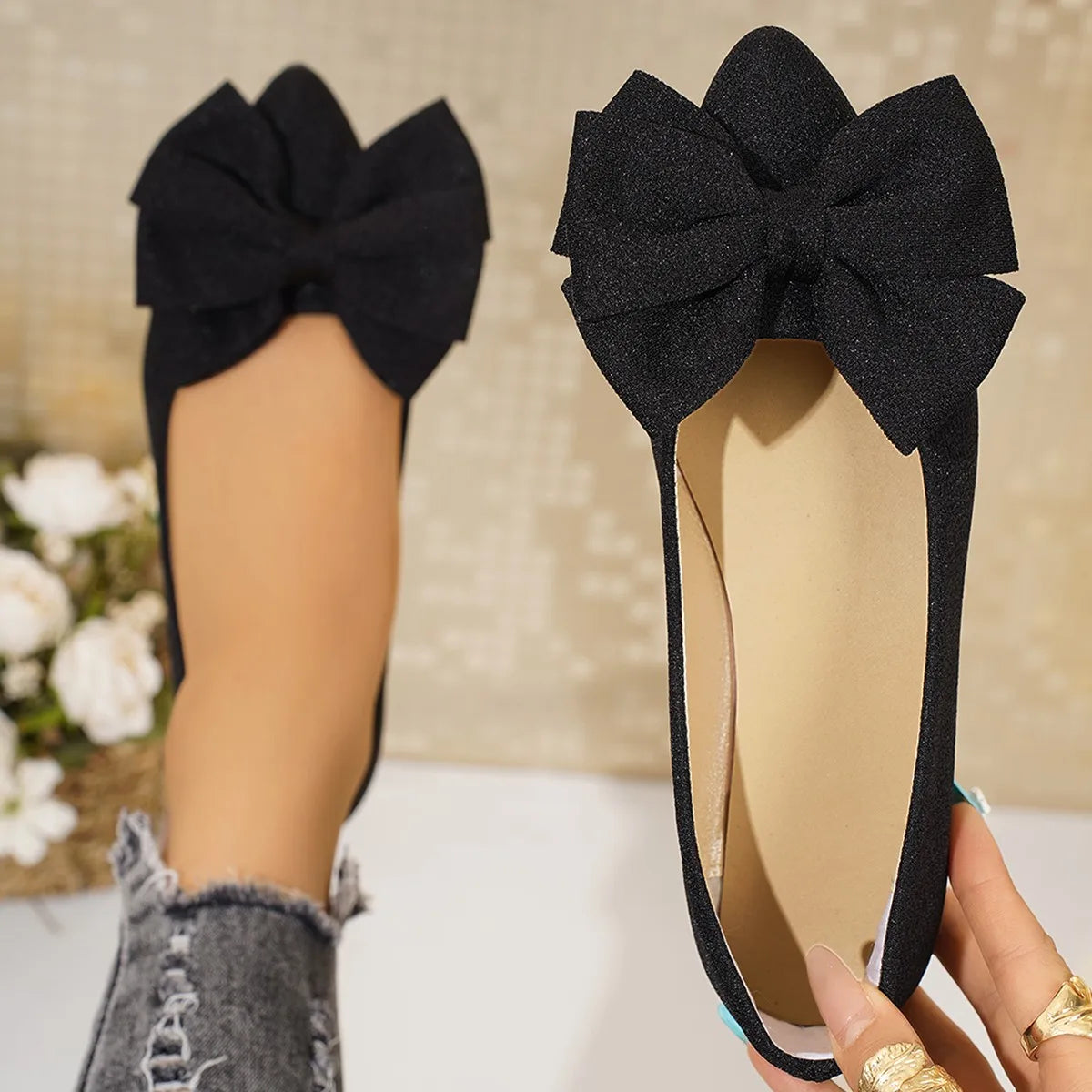 Women Flats Bowtie Pointed Toe Shoes Female Walking Dress Shoes Spring Fashion Casual Footwear Shallow Zapatillas Mujer