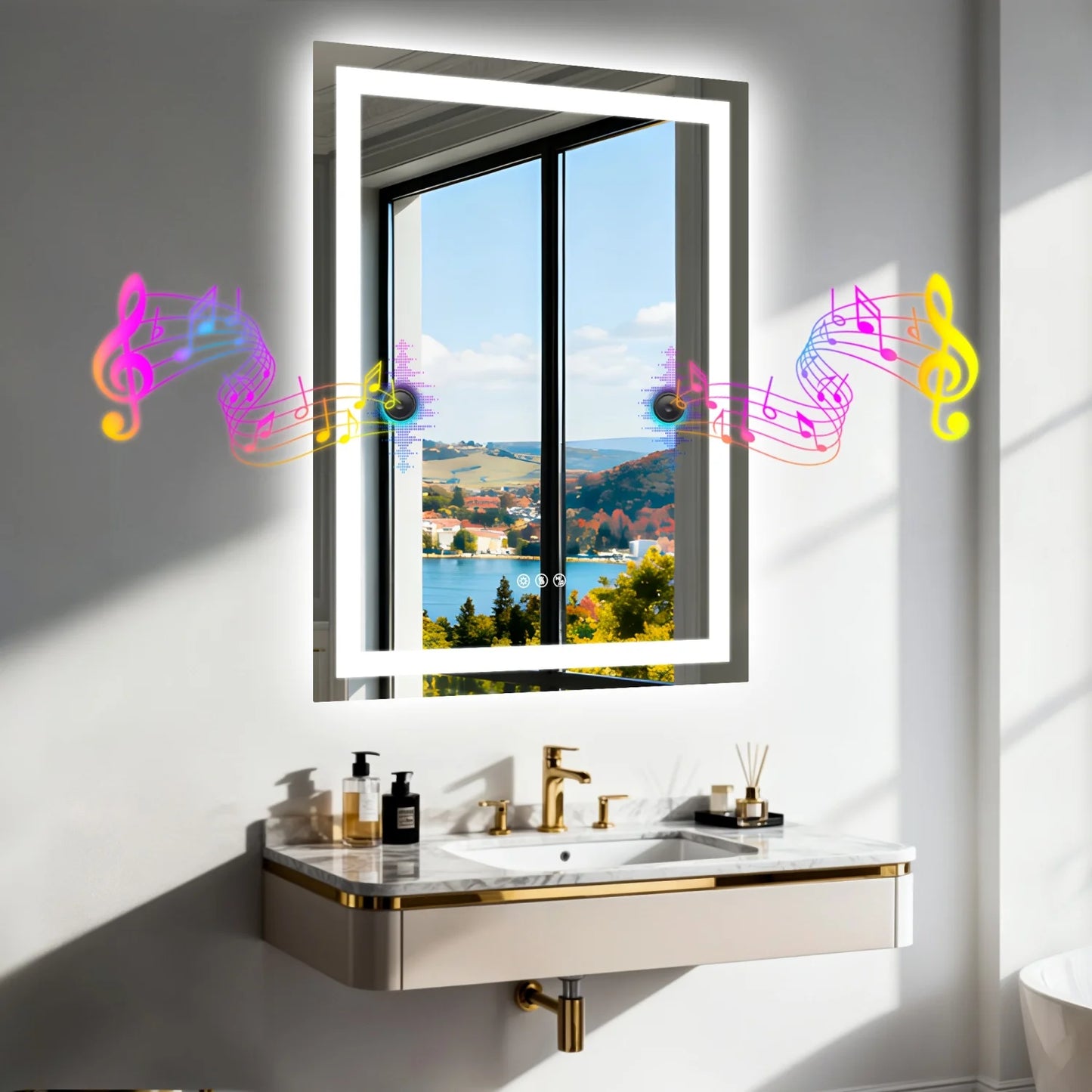 50/60/100/120CM LED Bathroom Mirror with Bluetooth Speaker 3 Colors Dimmable Tempered Glass Waterproof Backlight Vanity Mirror
