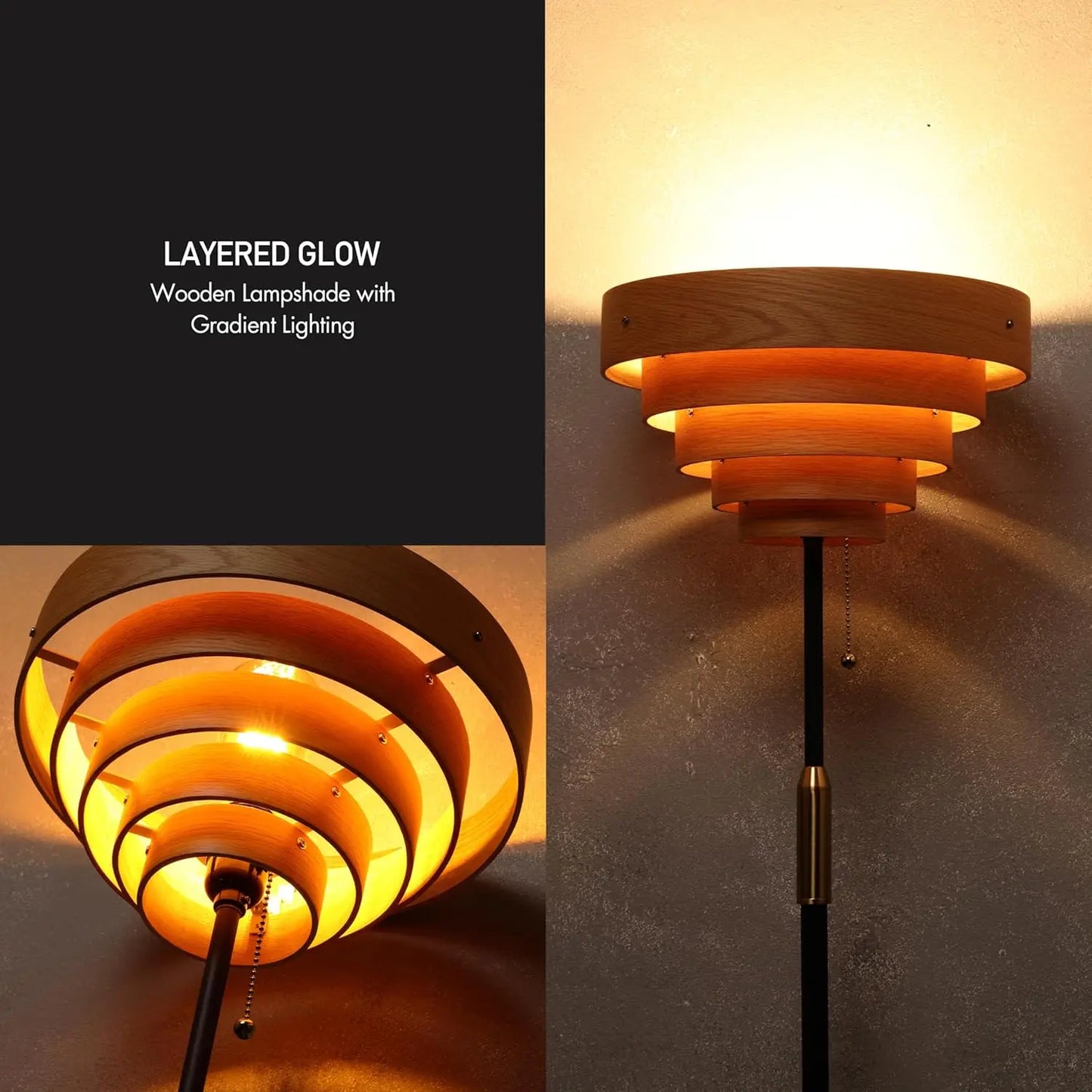 Cascade Floor Lamp, Modern Wooden Shade, E26, Pull Chain, Metal Base, Black – For Living Room, Bedroom, Office