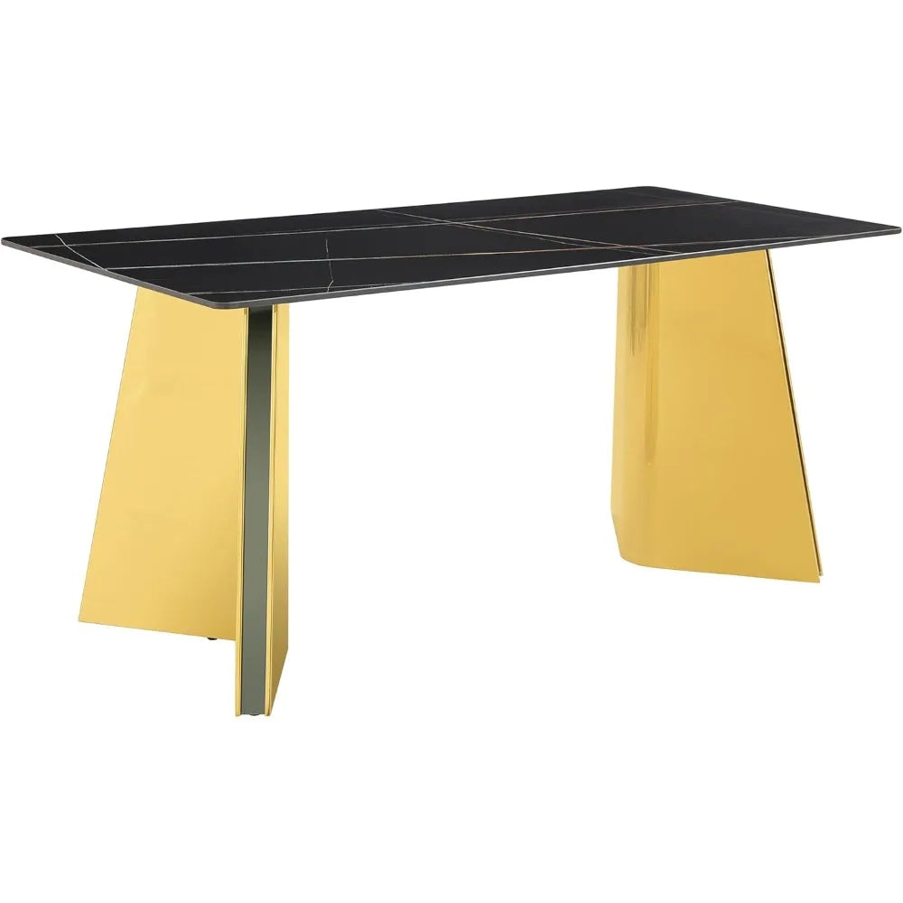7 Pieces Dining Table Set,63" Marble Kitchen Room Table with 6 Black Chairs,Rectangle Sintered Stone Top with Gold Legs
