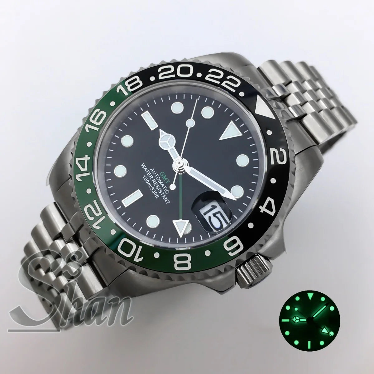 Customized logo luxury 40mm NH34 GMT mechanical watch ceramic bezel sapphire glass green luminous dial water-resistant to 10ATM