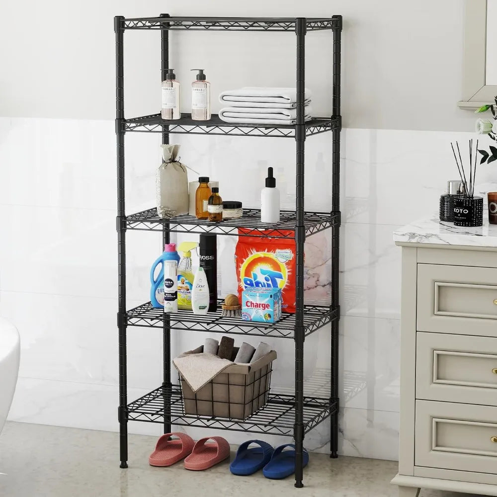 5-Tier Adjustable Metal Wire Storage Shelves, Heavy Duty Steel Rack for Kitchen Bathroom Garage, Black